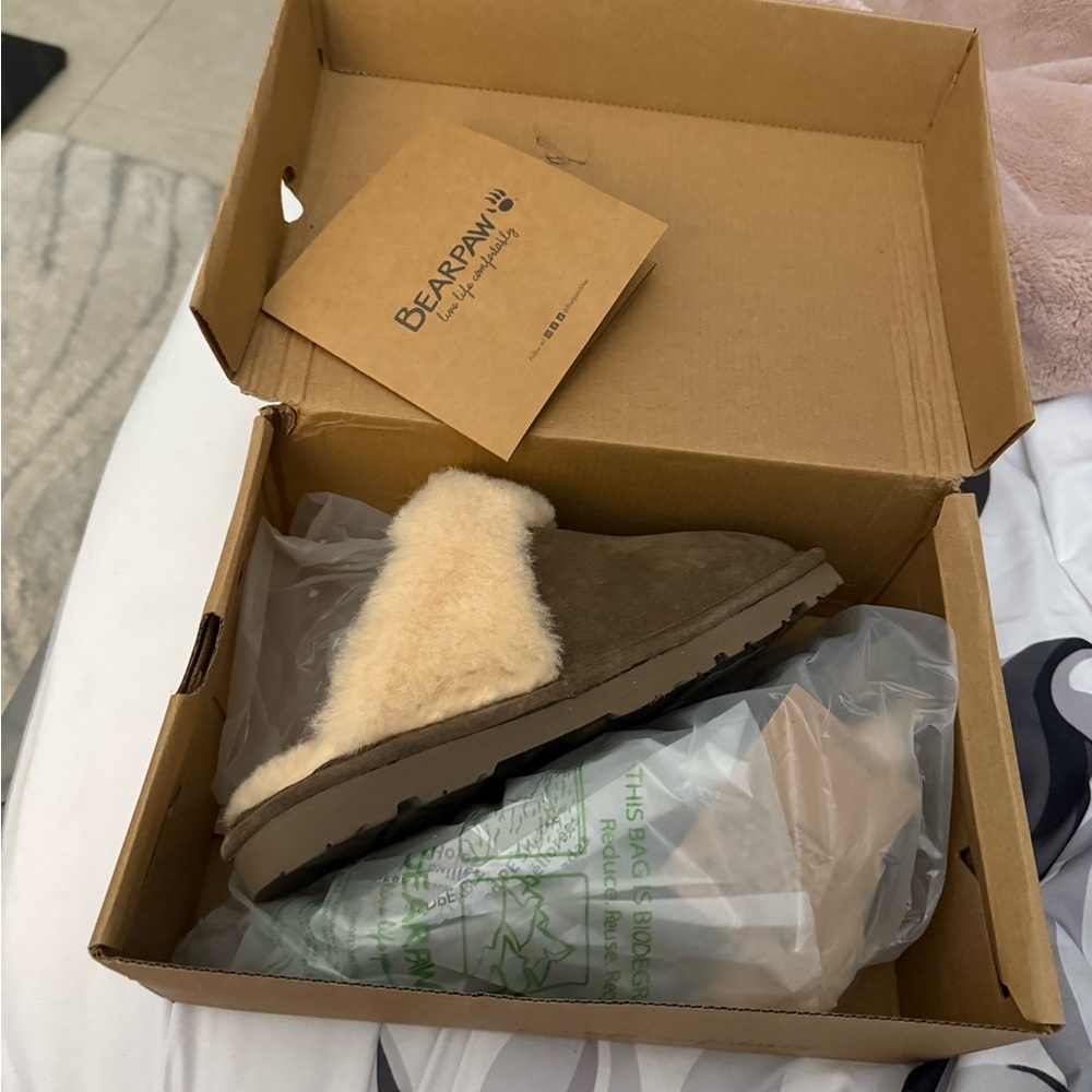 BearPaw Tan and Cream Slip-On Shoes